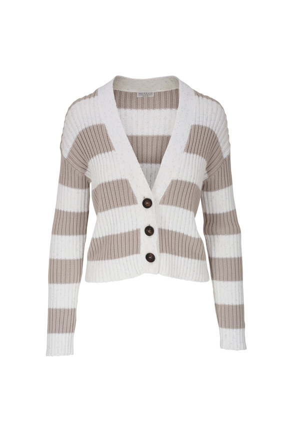 Brunello Cucinelli - Gray & White Cotton Diamonte Stripe Cardigan 
