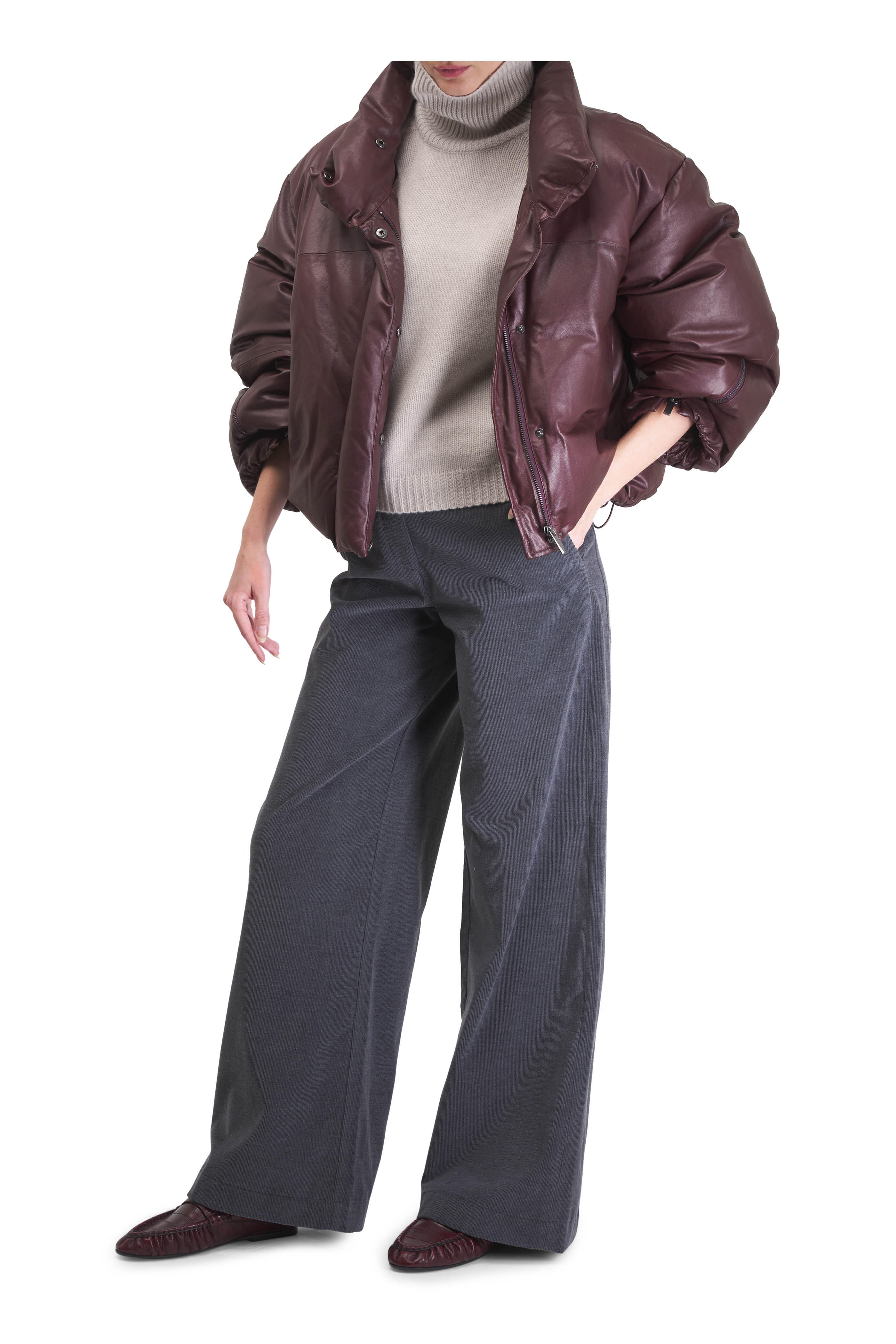 TWP - Burgundy Raglan Leather Puffer Coat