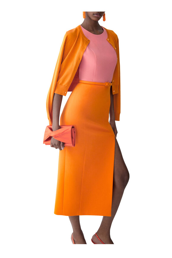 Carolina Herrera Orange & Pink Belted Wool Sleeveless Midi Dress - view 4