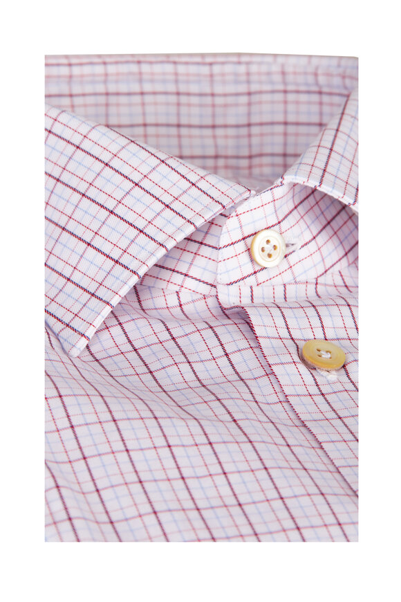 Kiton Red & White Check Cotton Dress Shirt - view 2