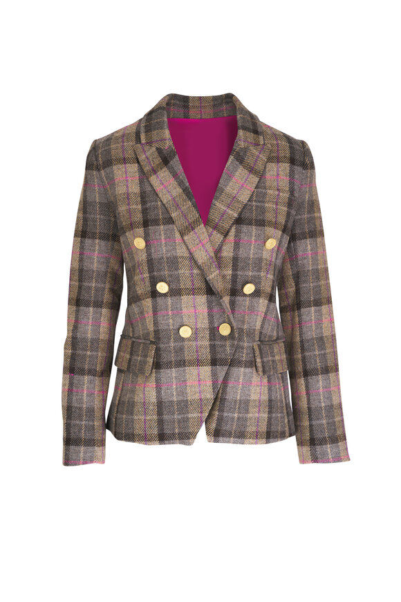 L'Agence Kenzie Tan Plaid Wool Double-Breasted Blazer