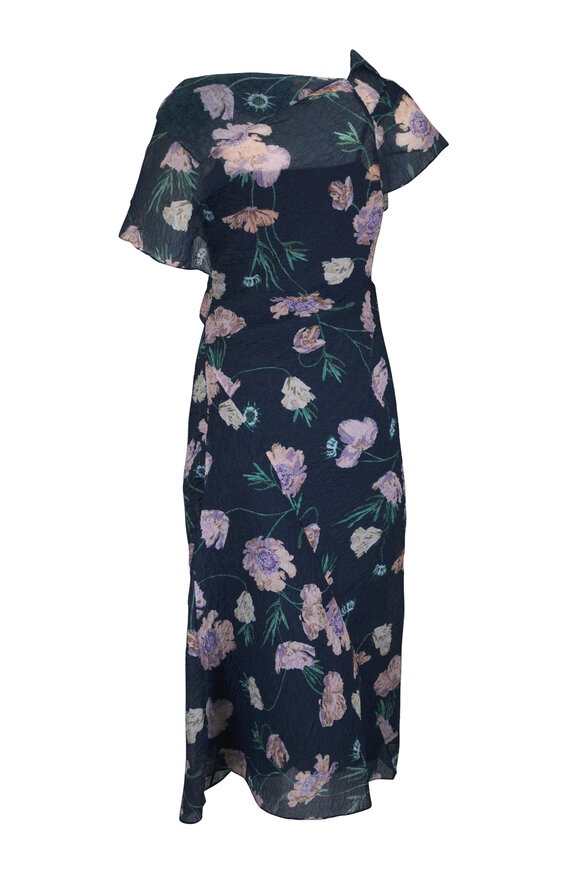 Erdem Navy Floral Organza Cloque Asymmetric Midi Dress - view 2