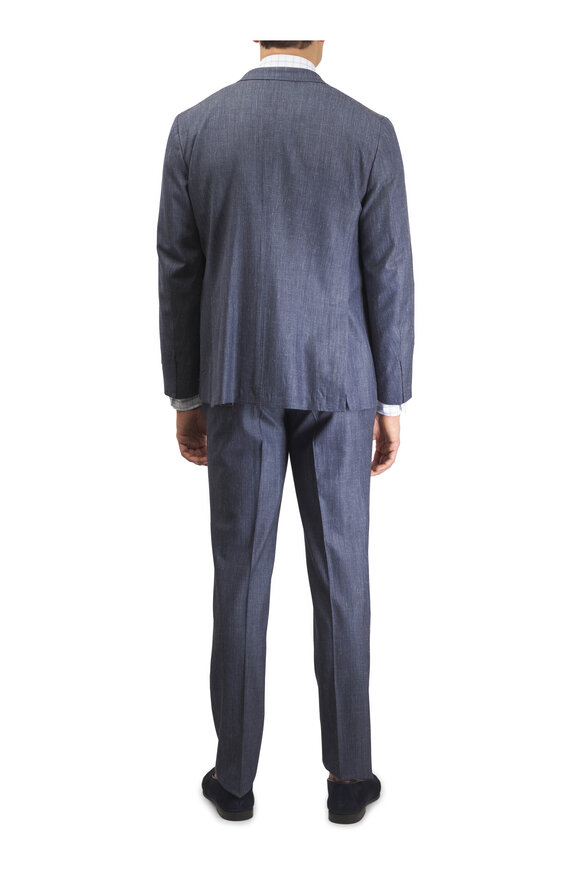 Isaia Medium Blue Wool, Silk & Linen Denim Effect Pant - view 4