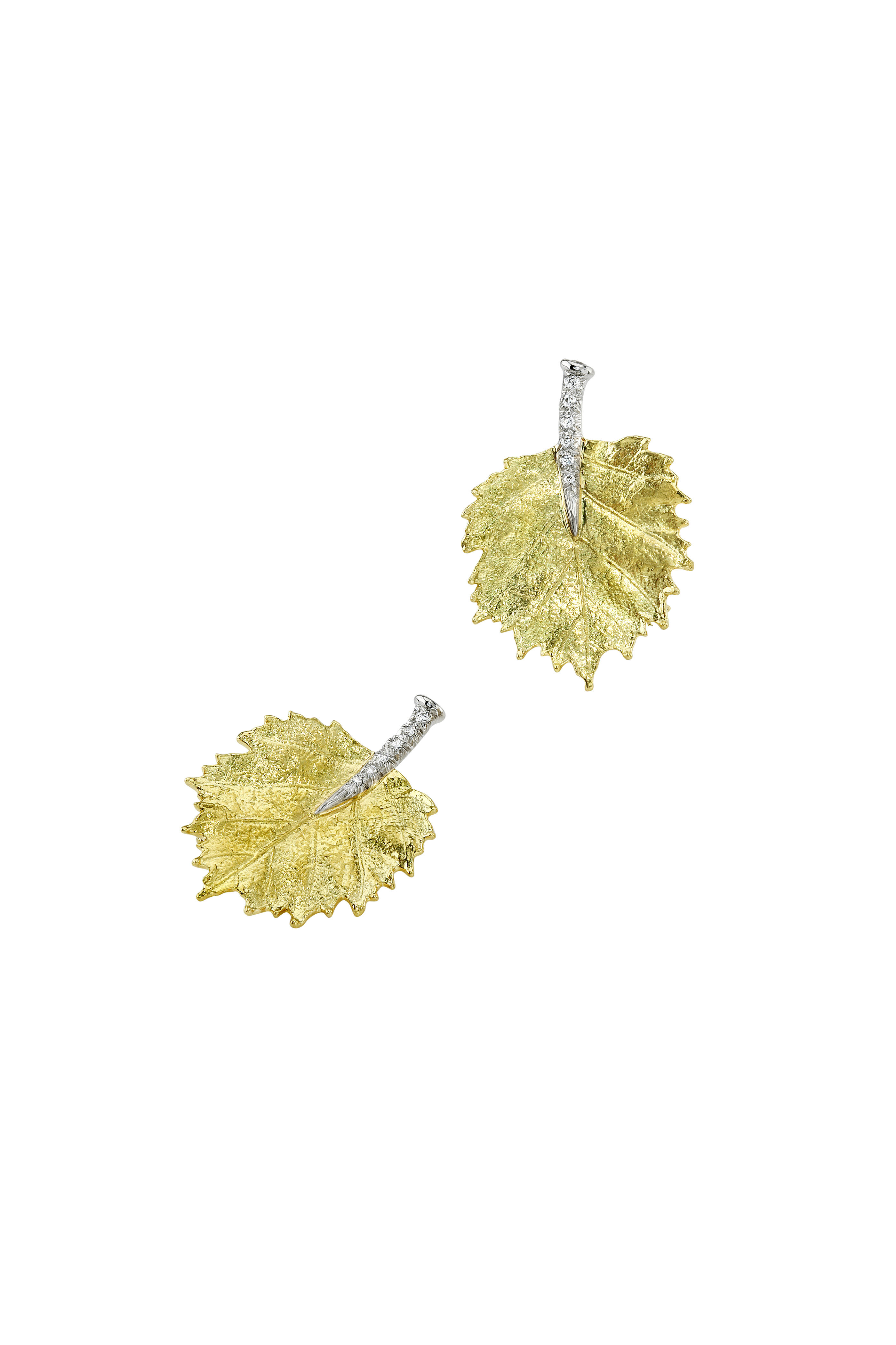 Aaron Henry - Gold & Platinum Diamond Poplar Leaf Earrings