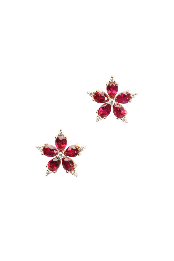 Paul Morelli 18K Yellow Gold Ruby & Diamond Star Studs - view 1