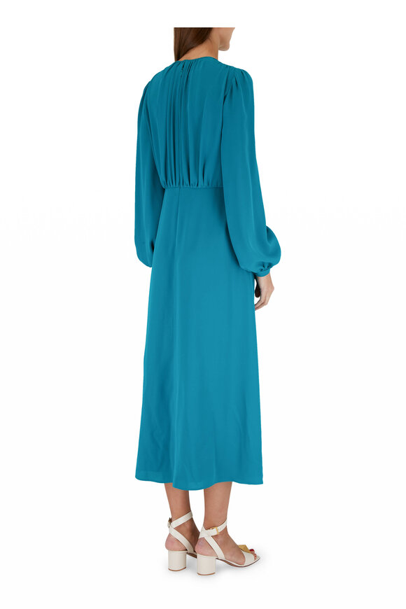 Valentino - Teal Silk Fitted Waist Midi Dress