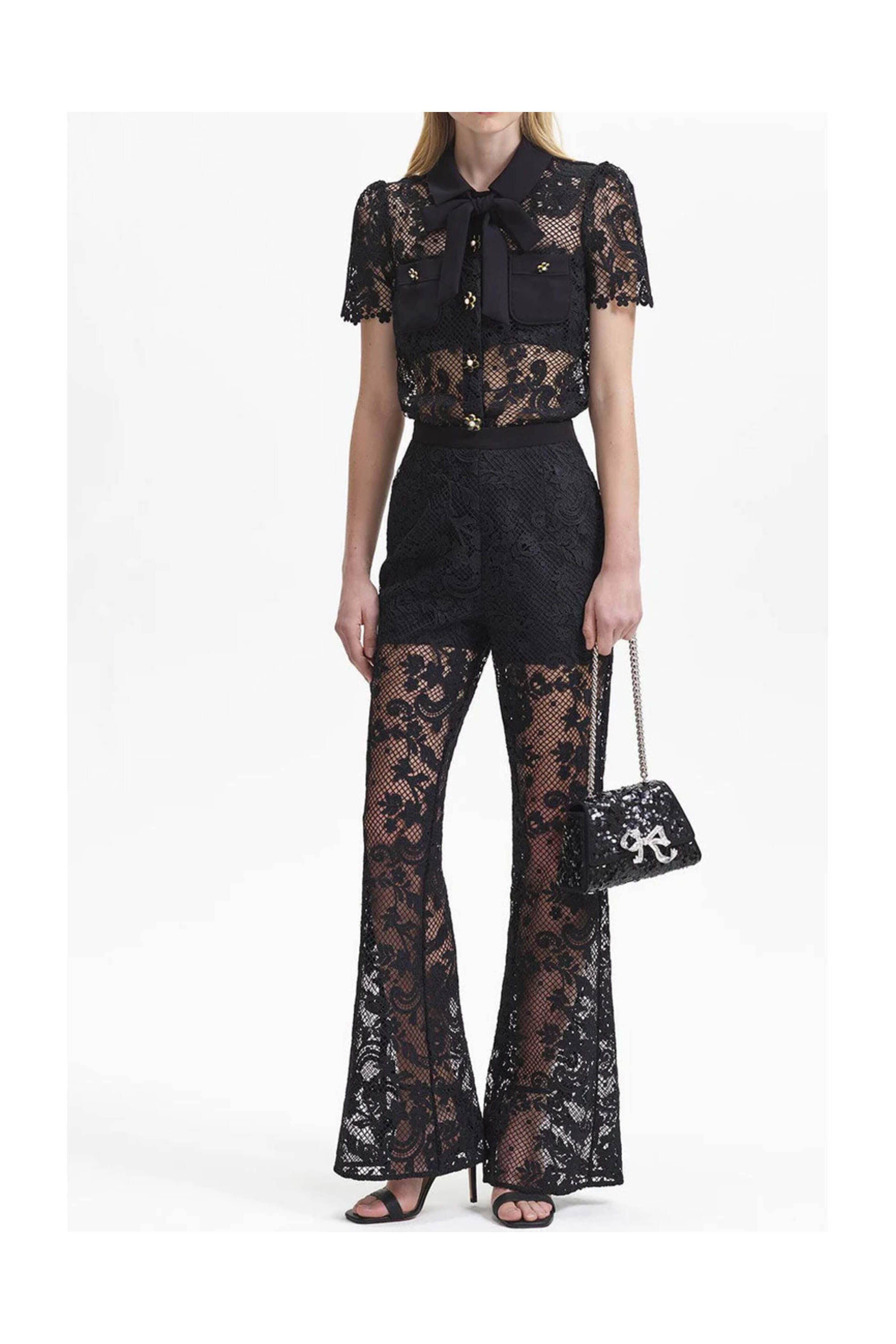 Self - Portrait - Black Lace Bow Top