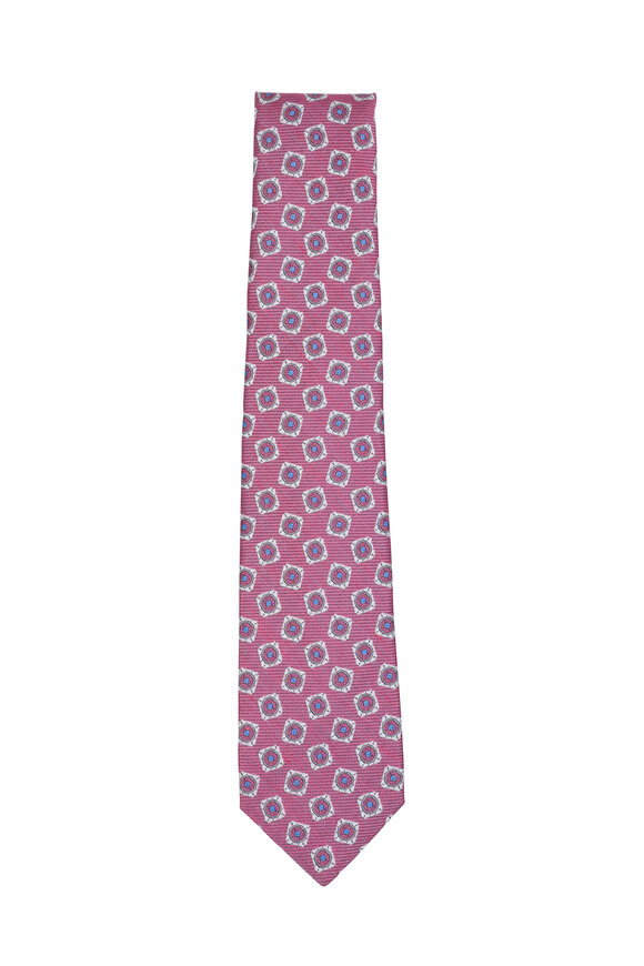Kiton - Pink & White Geometric Silk & Linen Necktie 