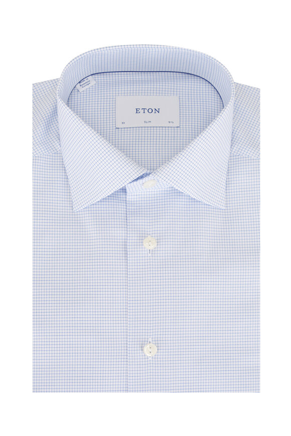 Eton Blue Mini Check Cotton Slim Fit Dress Shirt