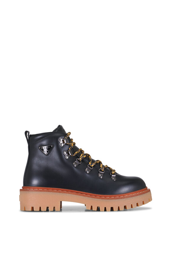 Prada - St. Moritz Black Leather Lace Up Short Boot