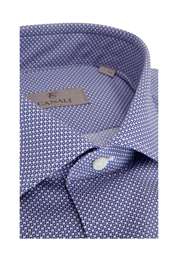 Canali -  Navy Blue & White Geometric Print Dress Shirt 