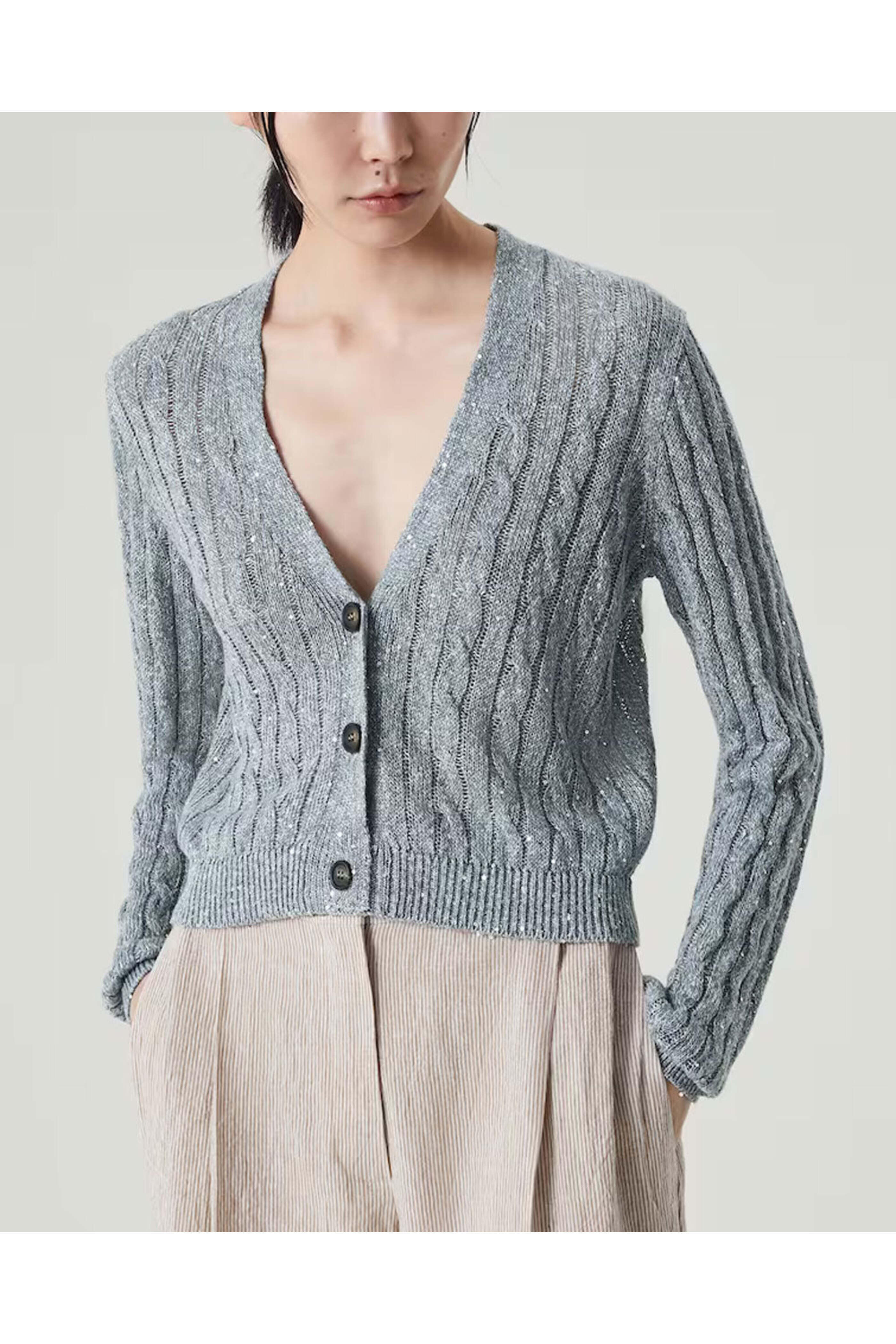 Brunello Cucinelli - Light Blue Embellished Cable Knit Button Cardigan