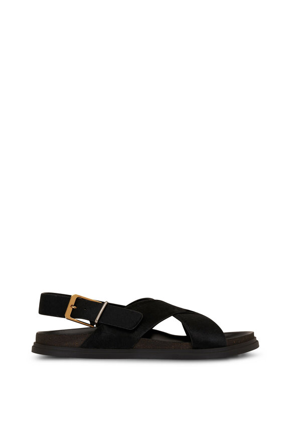 The Row - Black Buckle Calf Hair Flat Sandal 