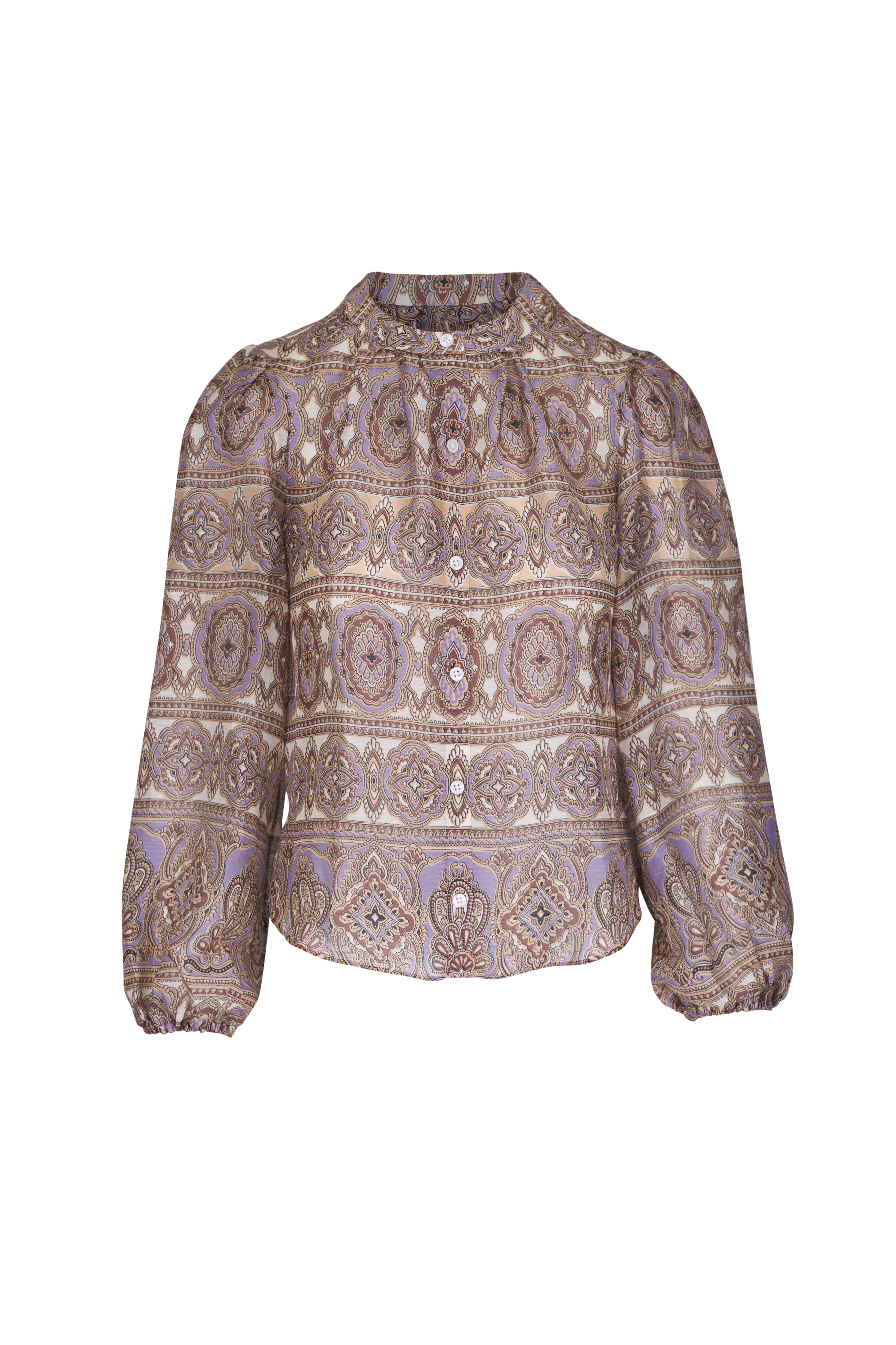 Veronica Beard - Ashlynn Stone Khaki Multi Silk & Linen Blouse