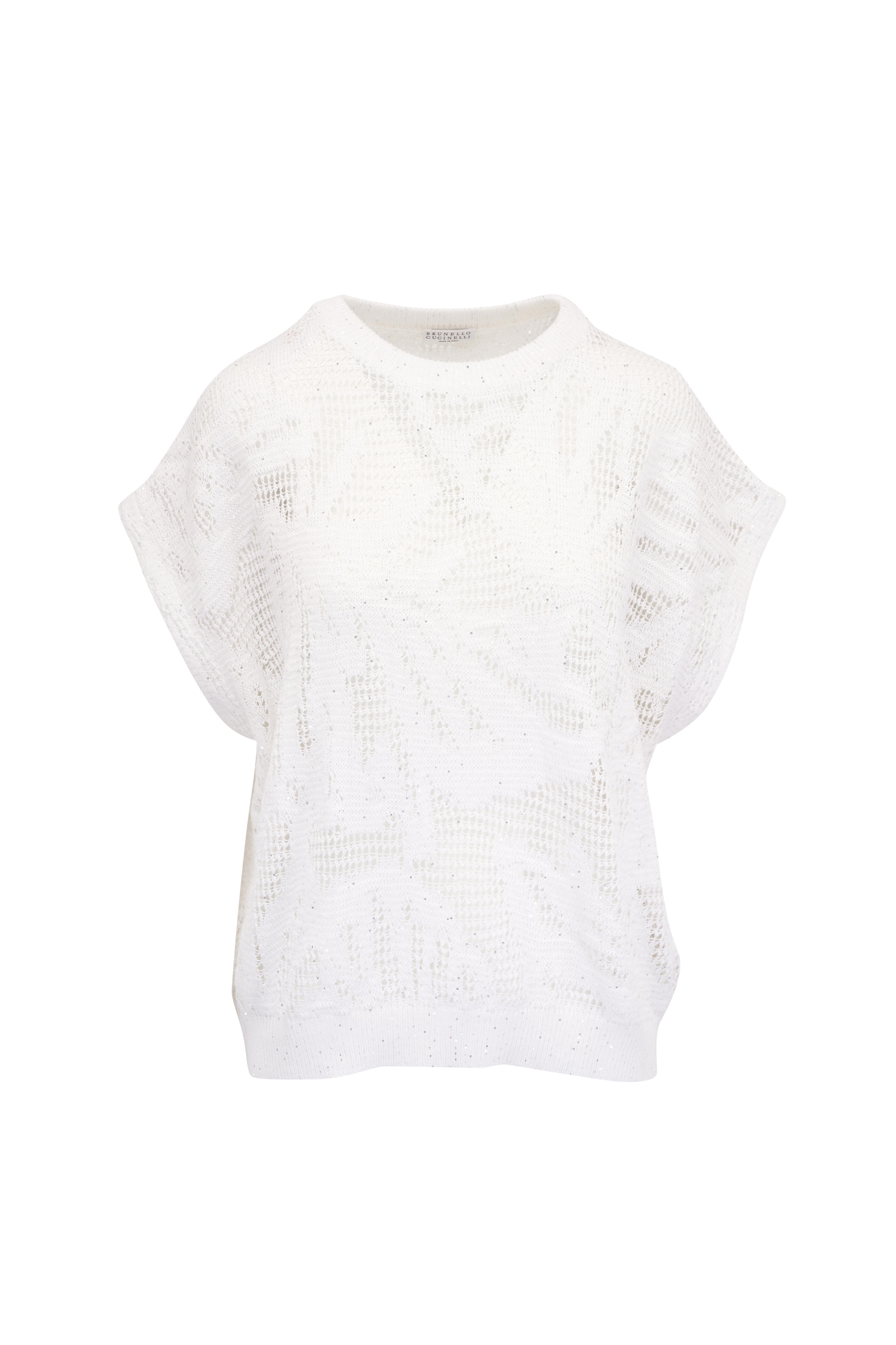 Brunello Cucinelli - White Linen Pailette Cap Sleeve Sweater