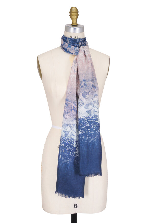 Kinross Ombre Navy Blue Reef Print Scarf