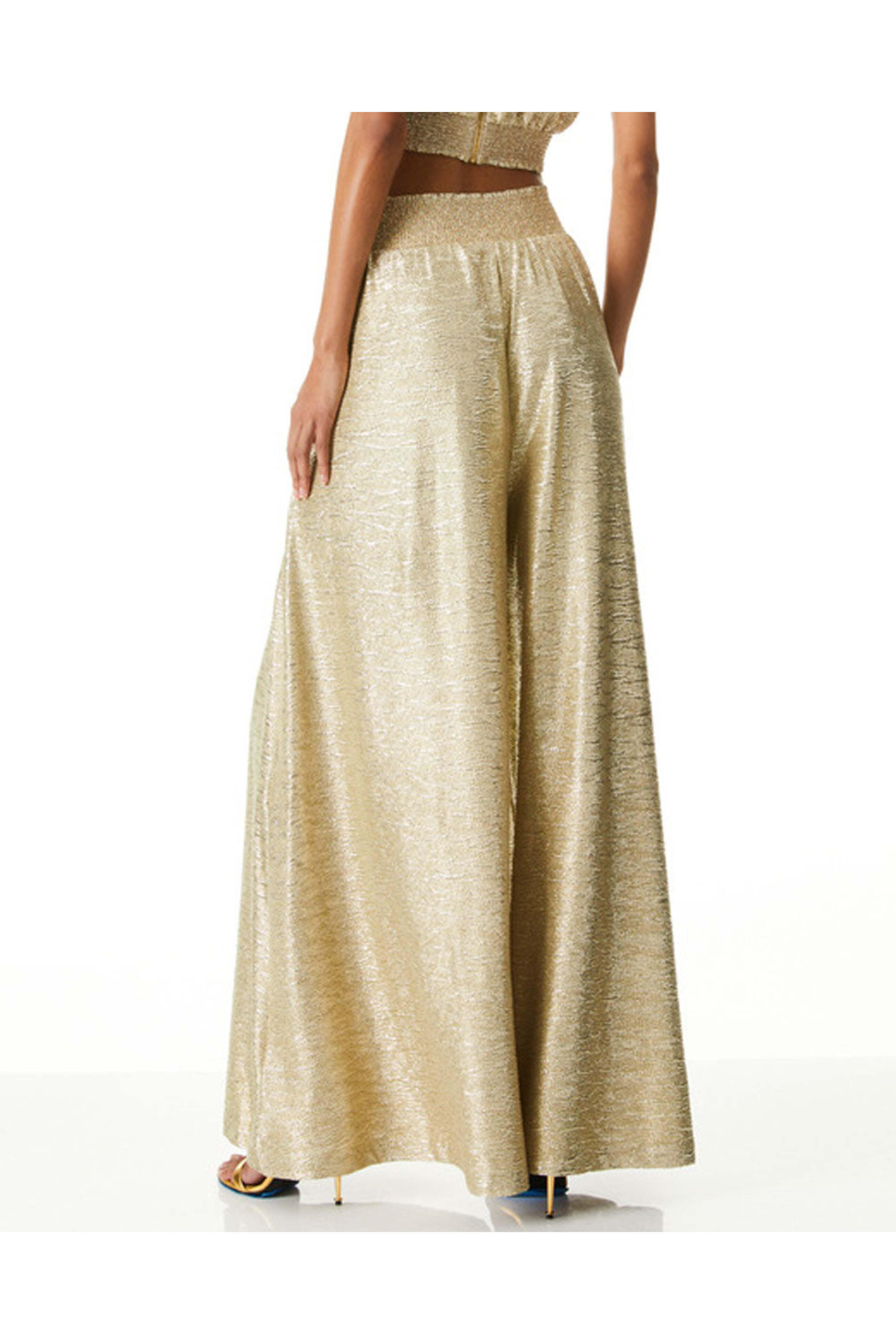Alice & Olivia - Gold Metallic Janella Smocked Waist Wide Leg Pant