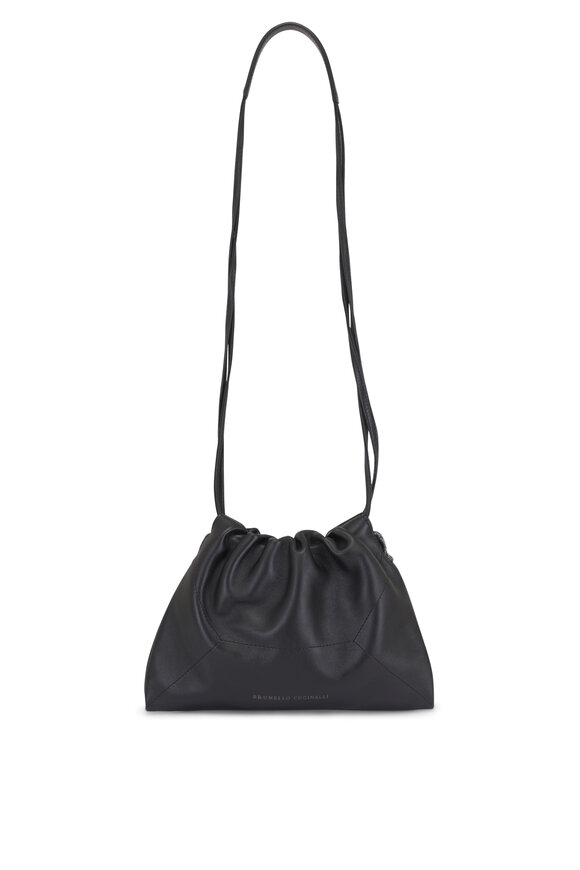 Brunello Cucinelli Black Leather Drawstring Crossbody