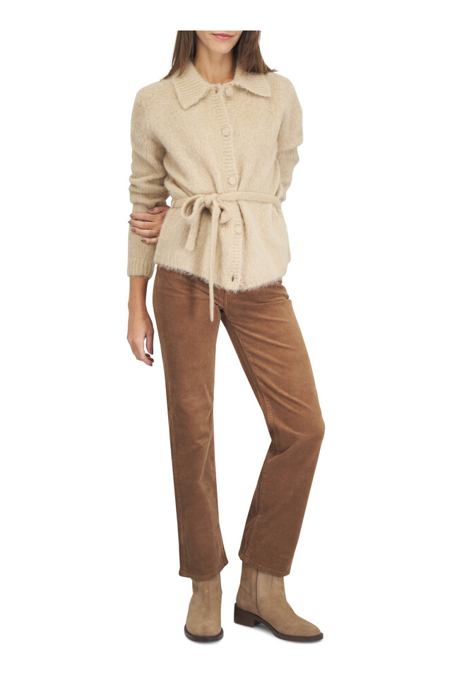 Designer outfit featuring Ecru Tie Front Cardigan and Brinley Bronze Corduroy Straight Leg Jean