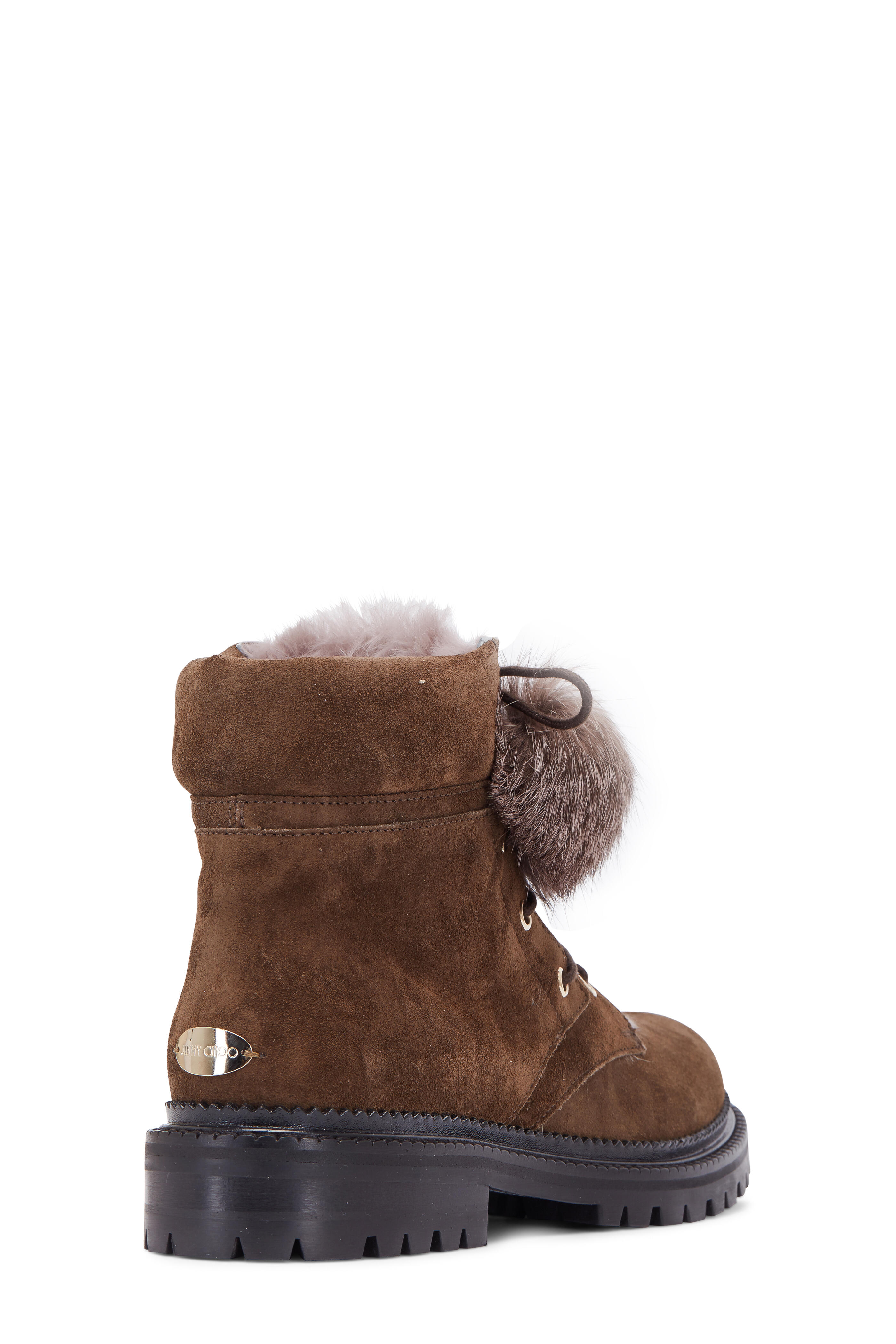 Jimmy Choo Mink Suede Fur Lined Pom Pom Lug Sole Boot