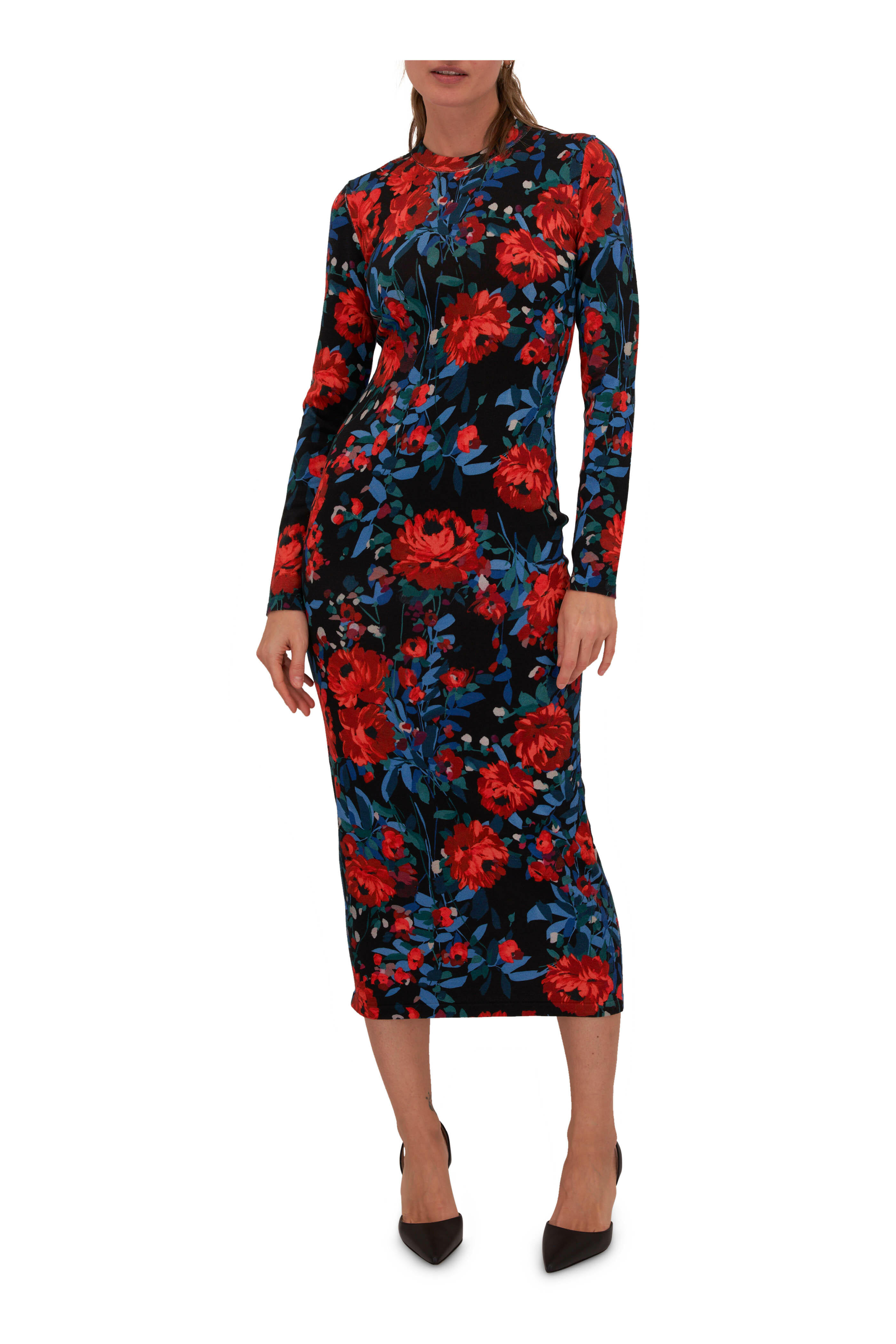 Lela Rose - Black Multi Floral Print Knit Midi Dress