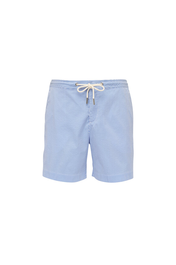 Orlebar Brown Blue & White Seersucker Striped Swimshort - view 1