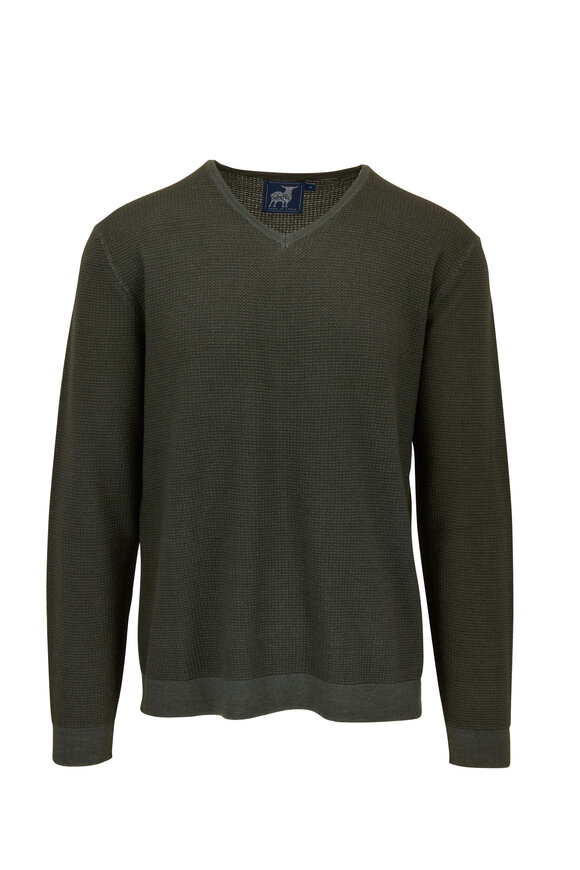 Raffi  - Olive Waffle Knit V-Neck Wool Pullover