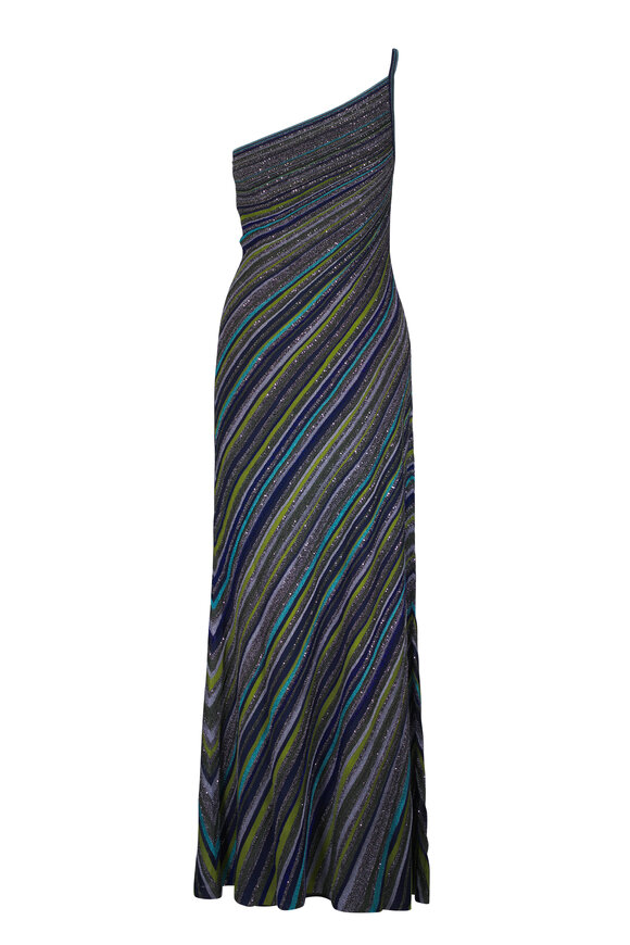 Missoni Green Multi One Shoulder Sequin Maxi Dress - view 3