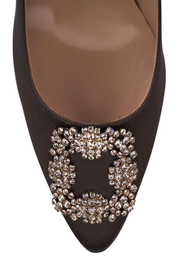 Manolo Blahnik Hangisi Brown Satin Jewel Buckle Pump, 90mm - view 4