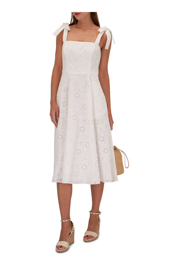 Carolina Herrera - White Embroiered Tie Shoulder Midi Dress 