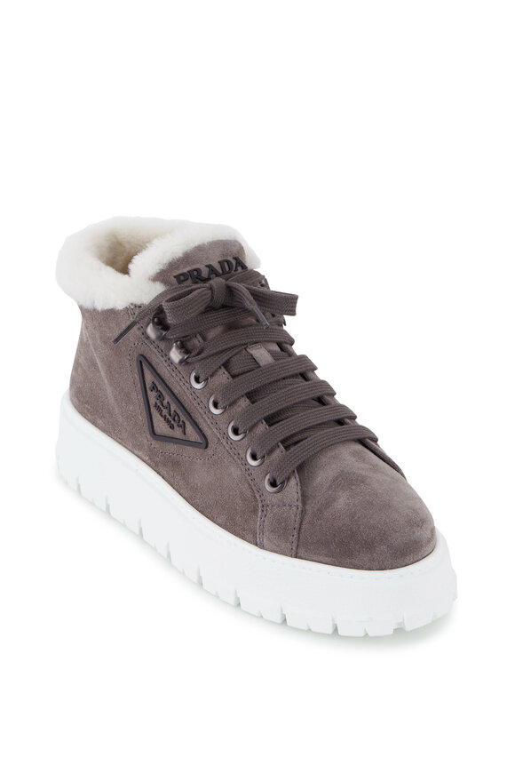 Prada - Gray Suede Shearling Lined Hi-Top Sneaker