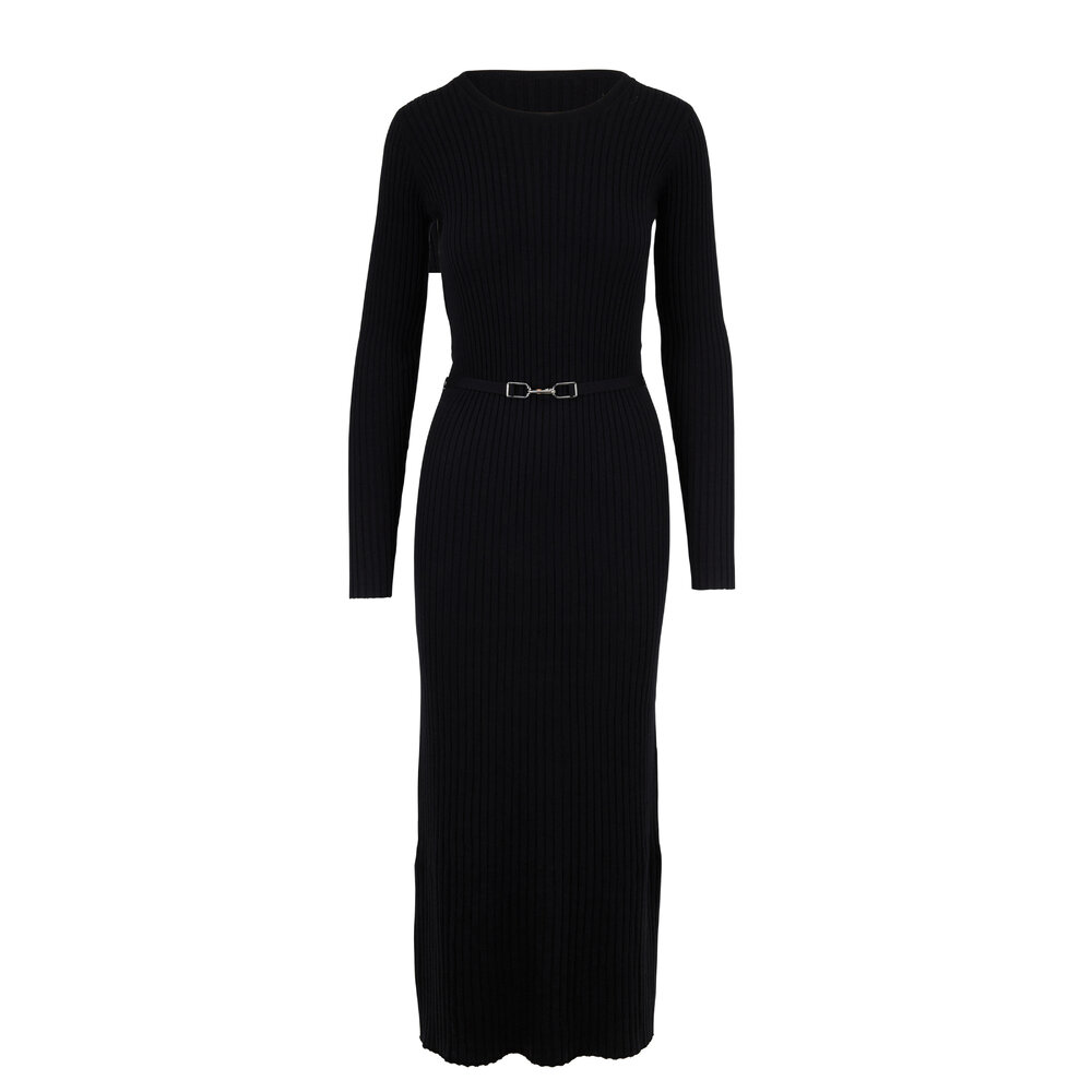 Gabriela Hearst - Luisa Black Ribbed Knit Long Sleeve Belted Dress