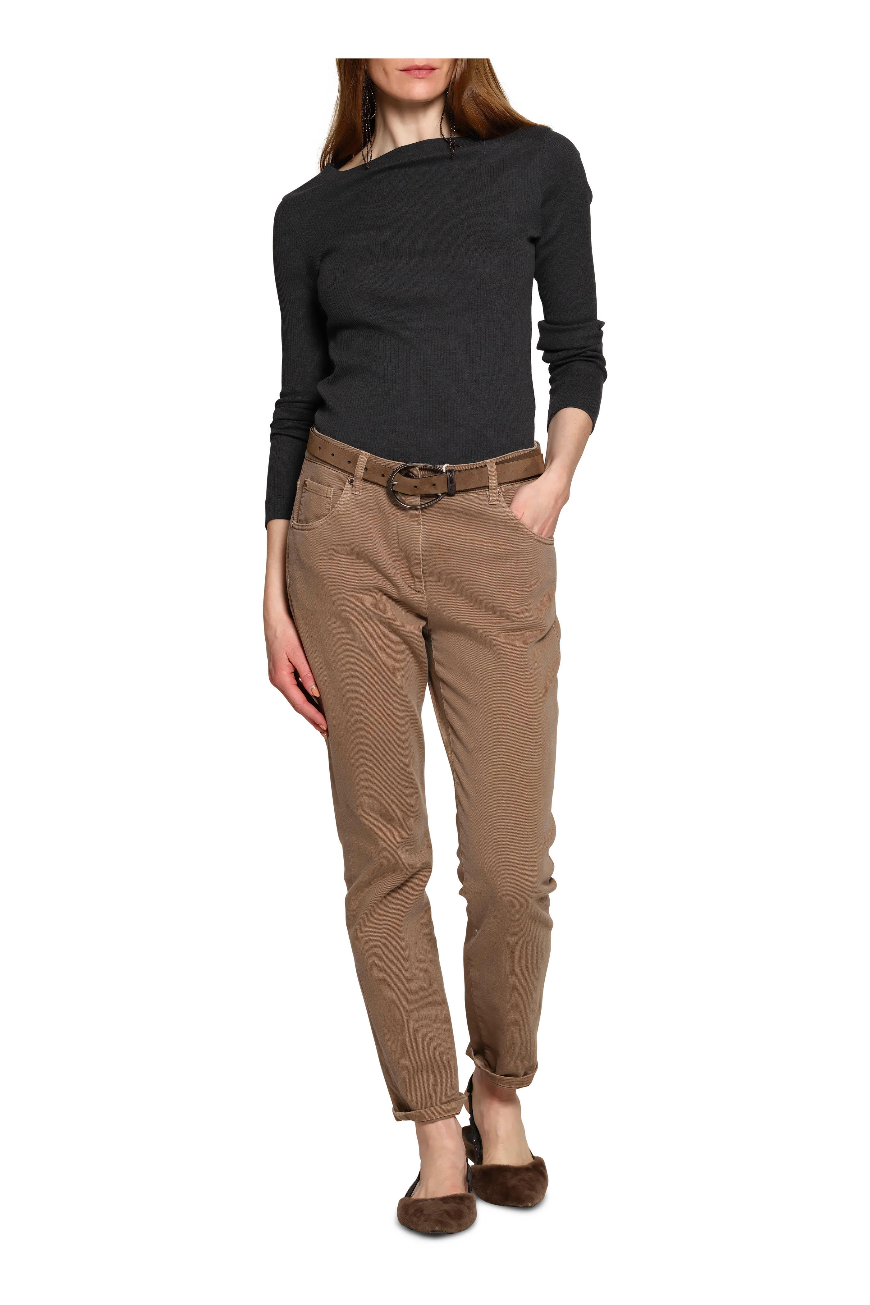 BRUNELLO CUCINELLI パンツ(その他) 茶系 4213223M0011 Brunello Cucinelli - Cigar Fur Pointed Toe Slingback Flat