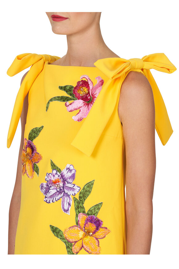 Carolina Herrera - Yellow Floral Embroidered Tie Shoulder Shift Dress