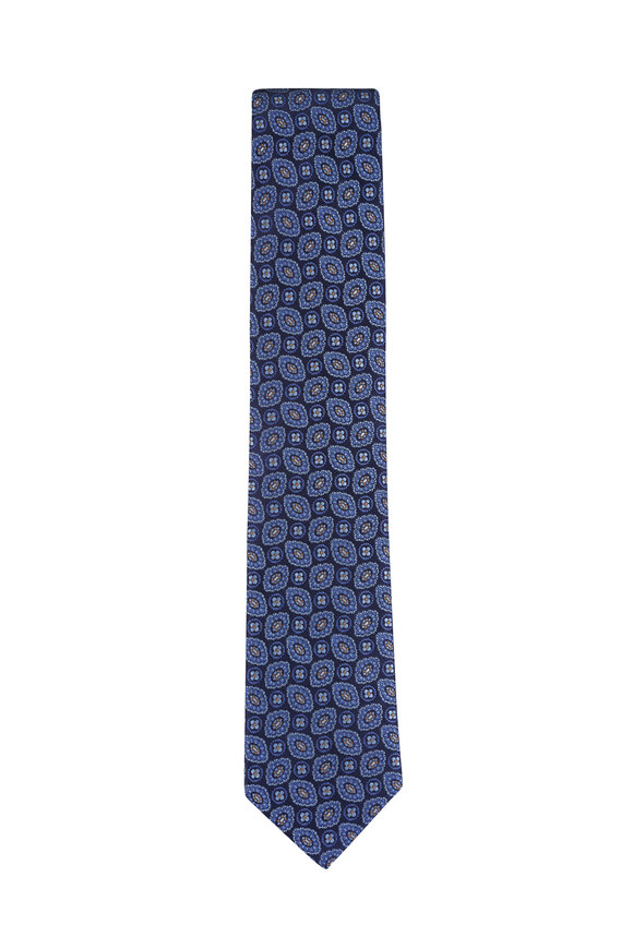 Eton Dark Blue Medallion Woven Silk Tie - view 1
