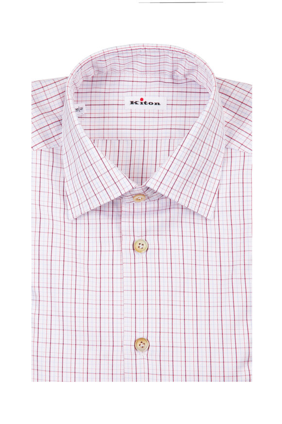 Kiton Red & White Check Cotton Dress Shirt - view 1