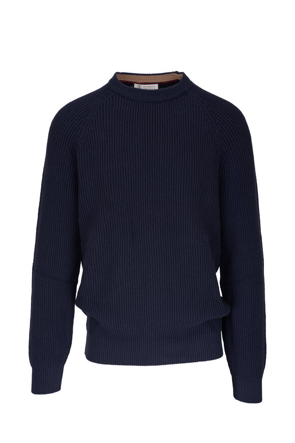 Brunello Cucinelli Navy Ribbed Cotton Crewneck Sweater 