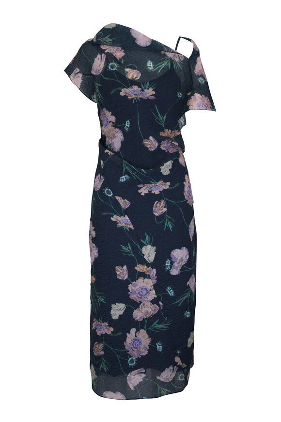 Erdem Navy Floral Organza Cloque Asymmetric Midi Dress - view 1