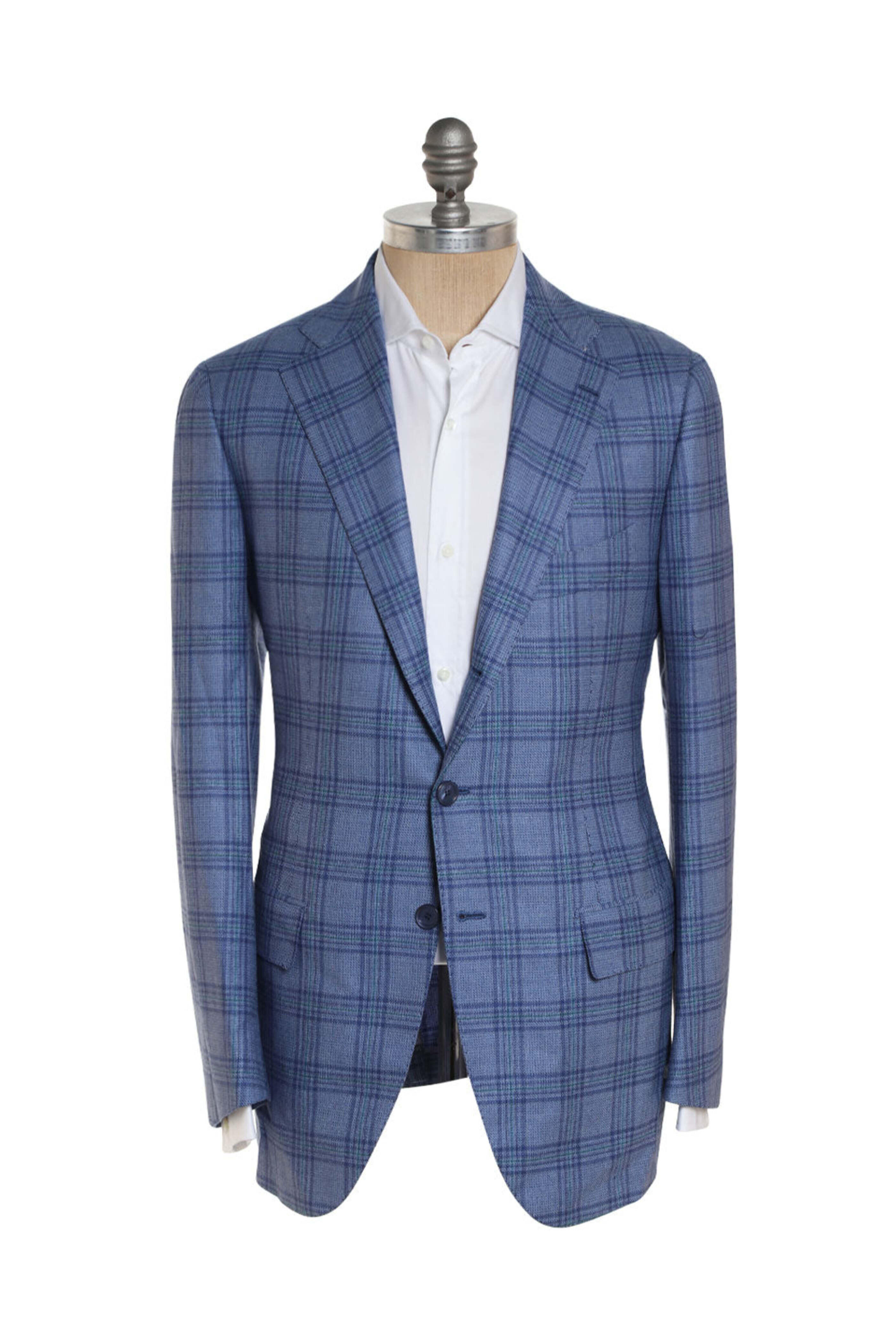 Cesare Attolini - Blue and Green Wool Blend Plaid Sportcoat