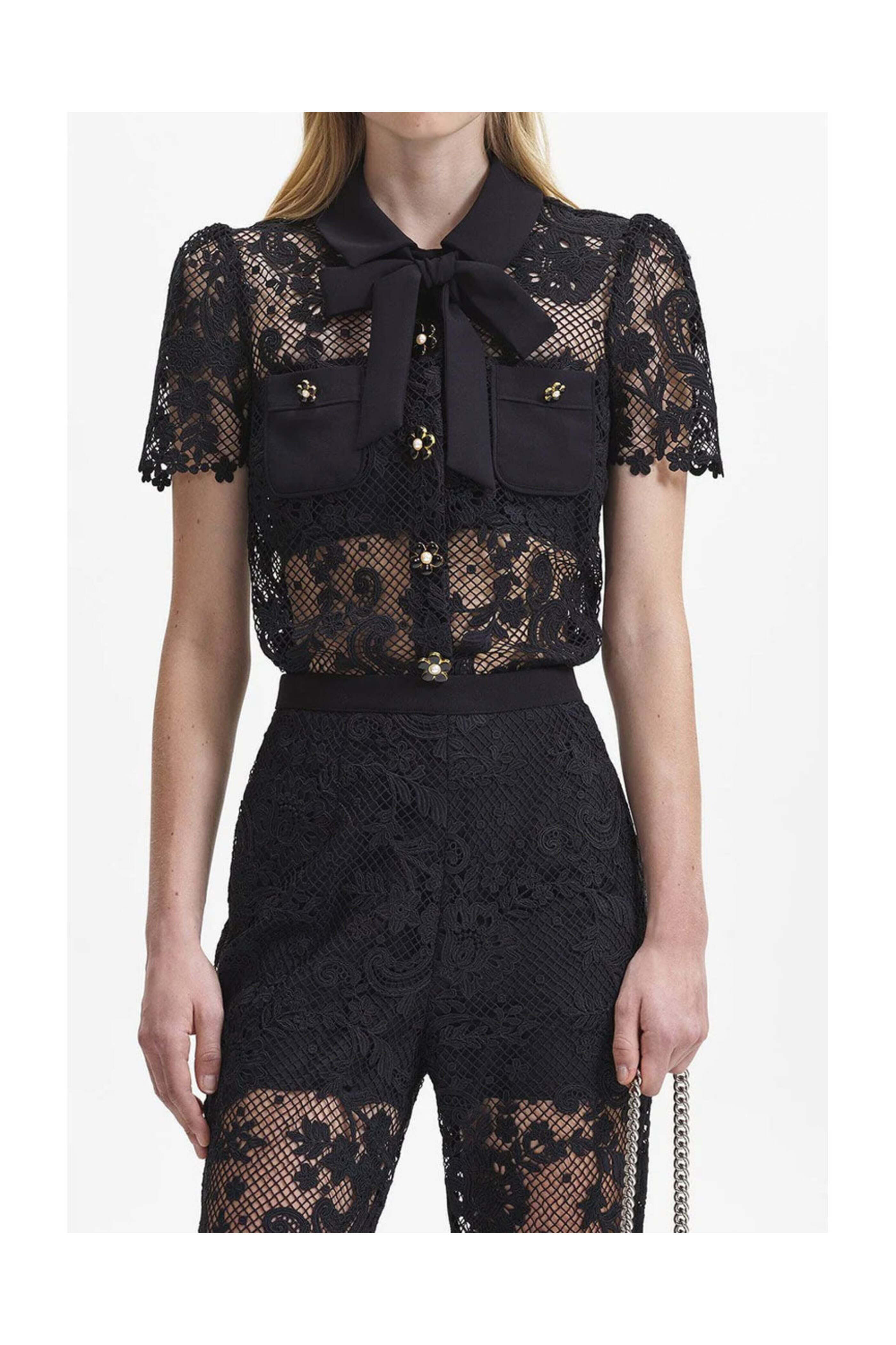 Self - Portrait - Black Lace Bow Top | Mitchell Stores