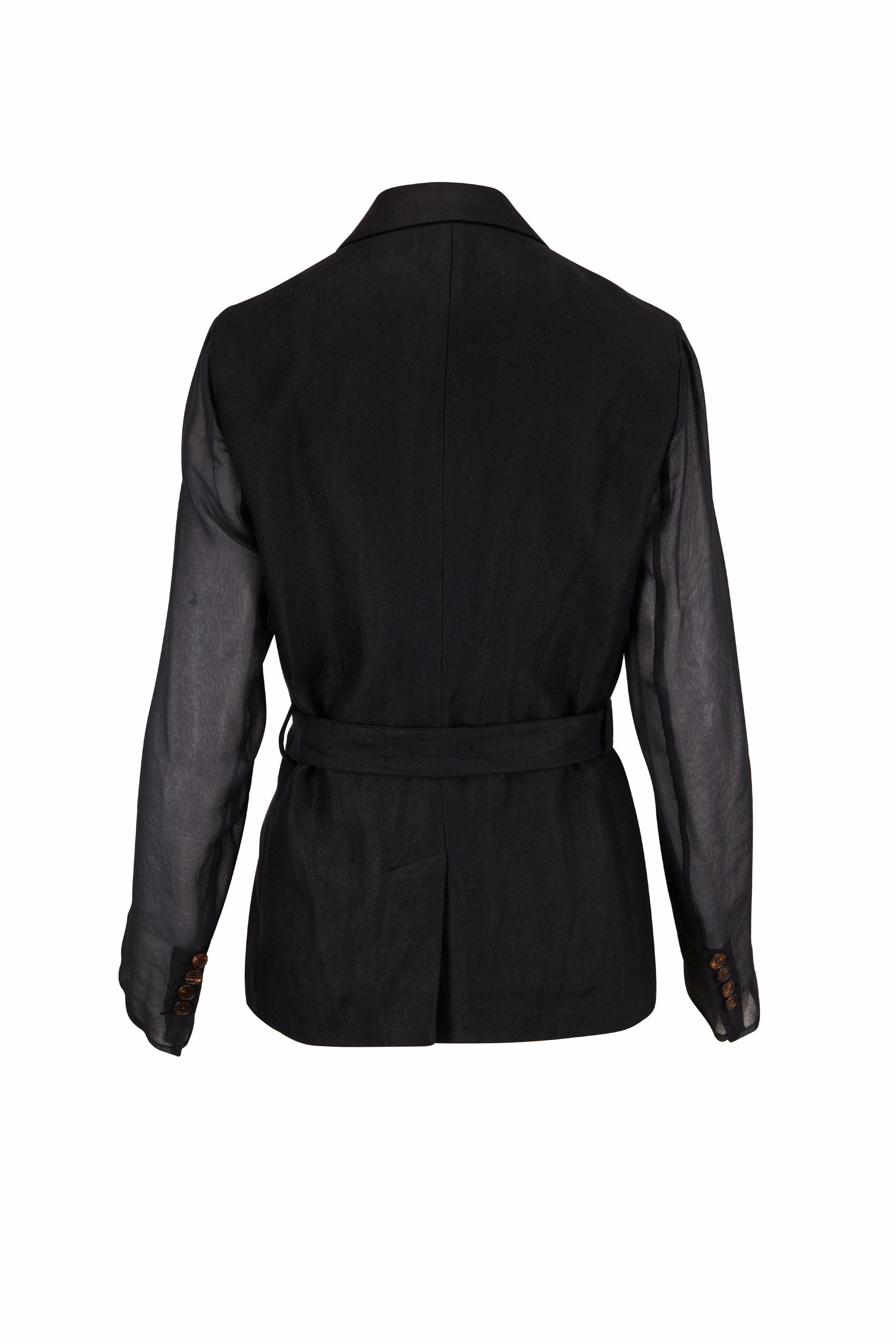 Brunello Cucinelli - Black Linen Sheer Sleeve Belted Jacket