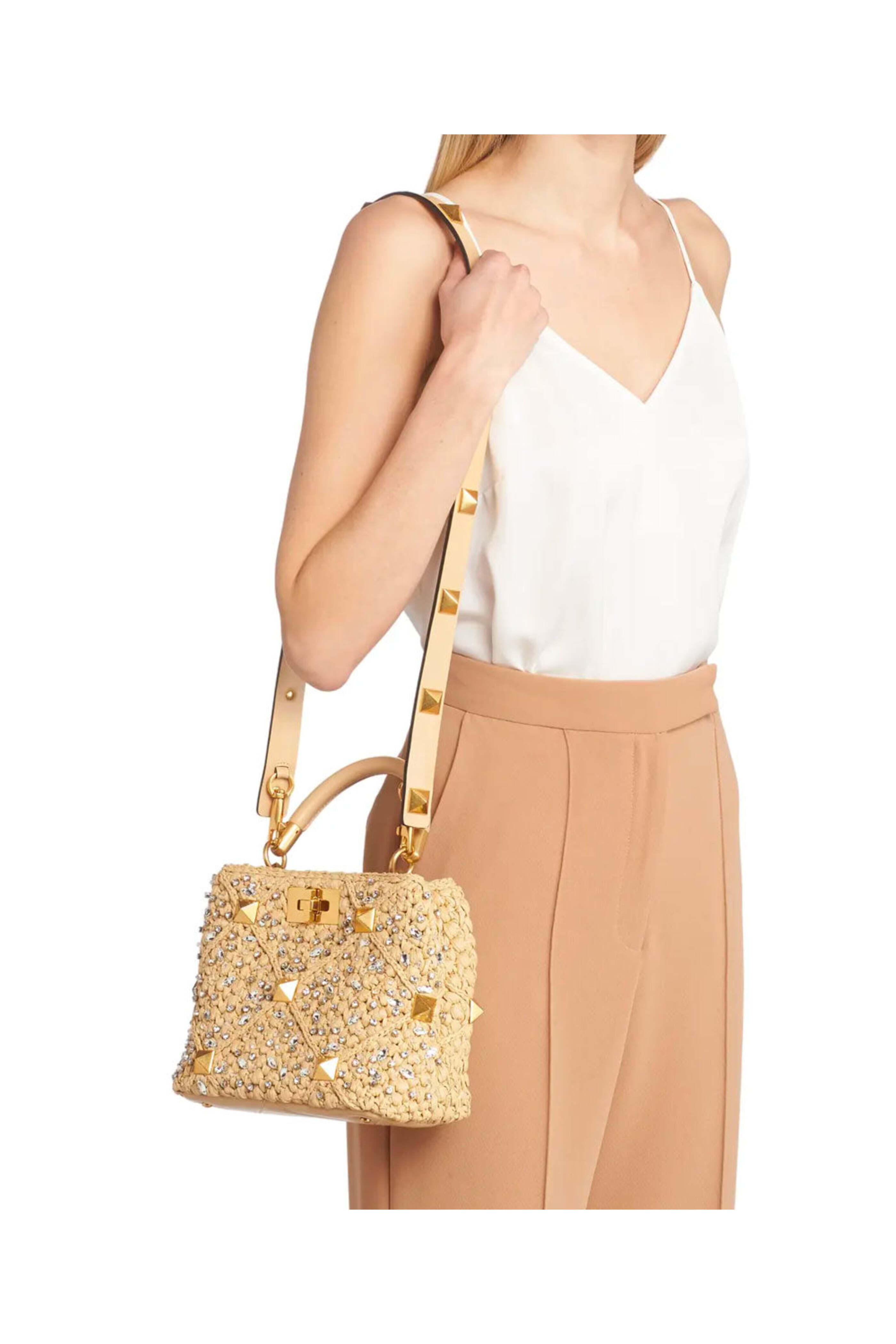 Valentino Garavani - Raffia Small Roman Stud Bag in Natural Crystal