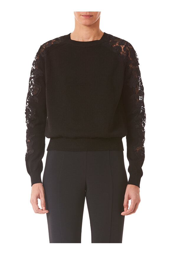 Carolina Herrera - Black Lace Panel Long Sleeve Knit Top