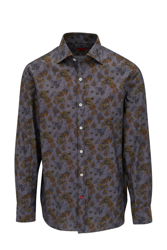 Isaia - Gray Floral Chambray Denim Sport Shirt 