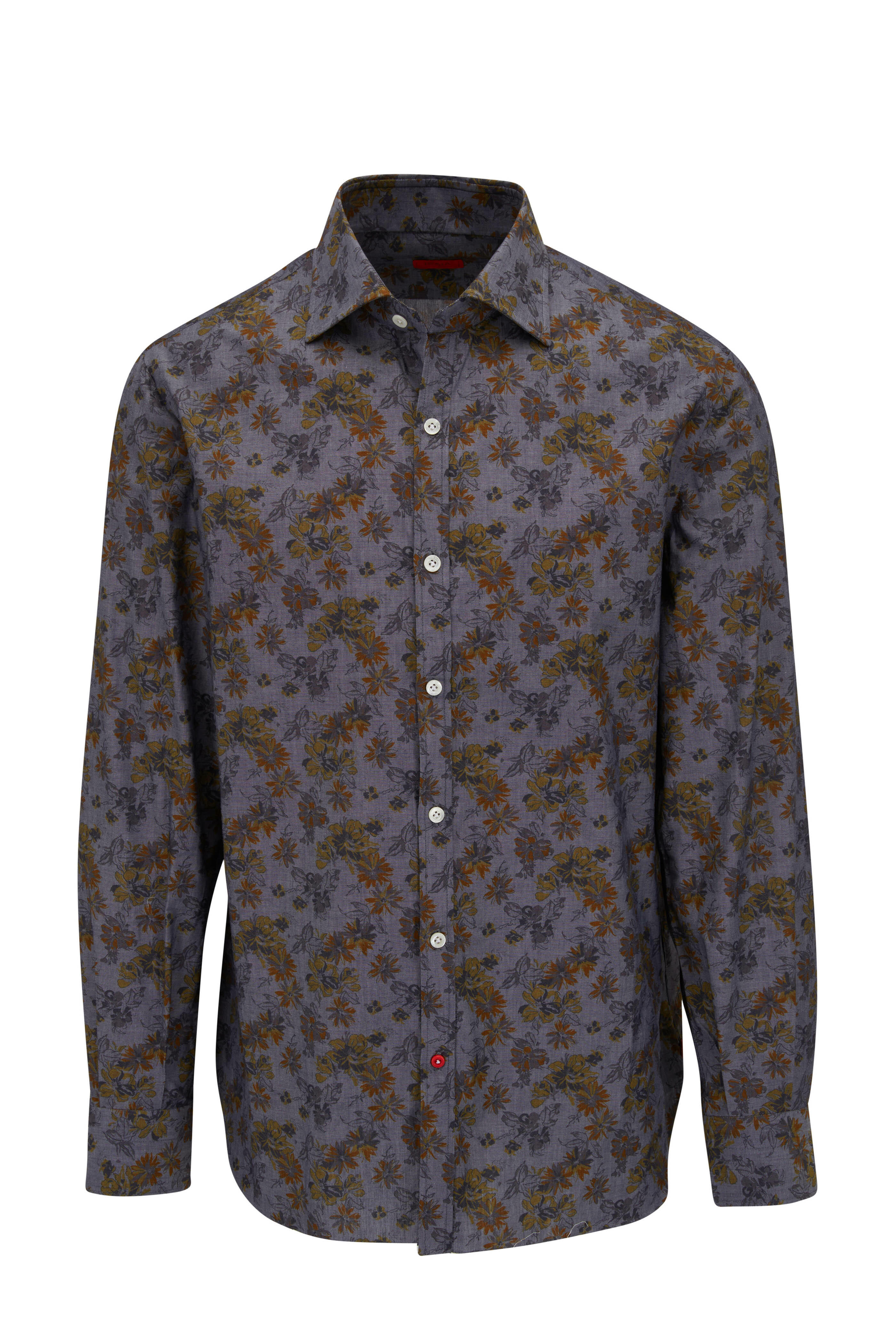 Isaia - Gray Floral Chambray Denim Sport Shirt | Mitchell Stores