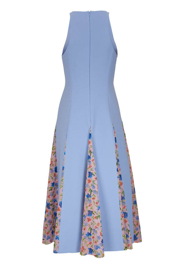 Carolina Herrera - Lake Blue Floral Chiffon Godet Halter Midi Dress 