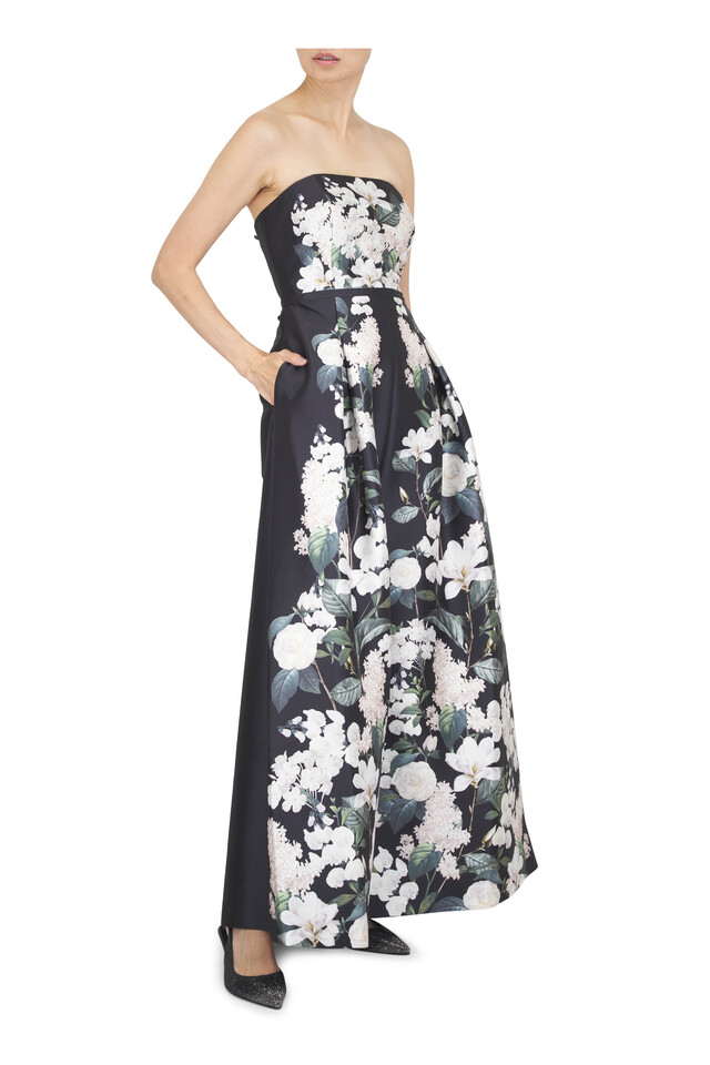 Designer outfit featuring Haisley Black Onyx Crystal Slingback, 60mm and Gillian Ink & Ivory Blooms Strapless Gown