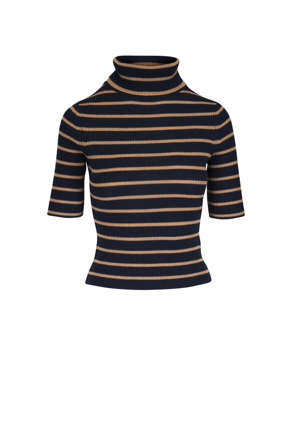 Veronica Beard Katrina Navy & Khaki Stripe Merino Ribbed Sweater