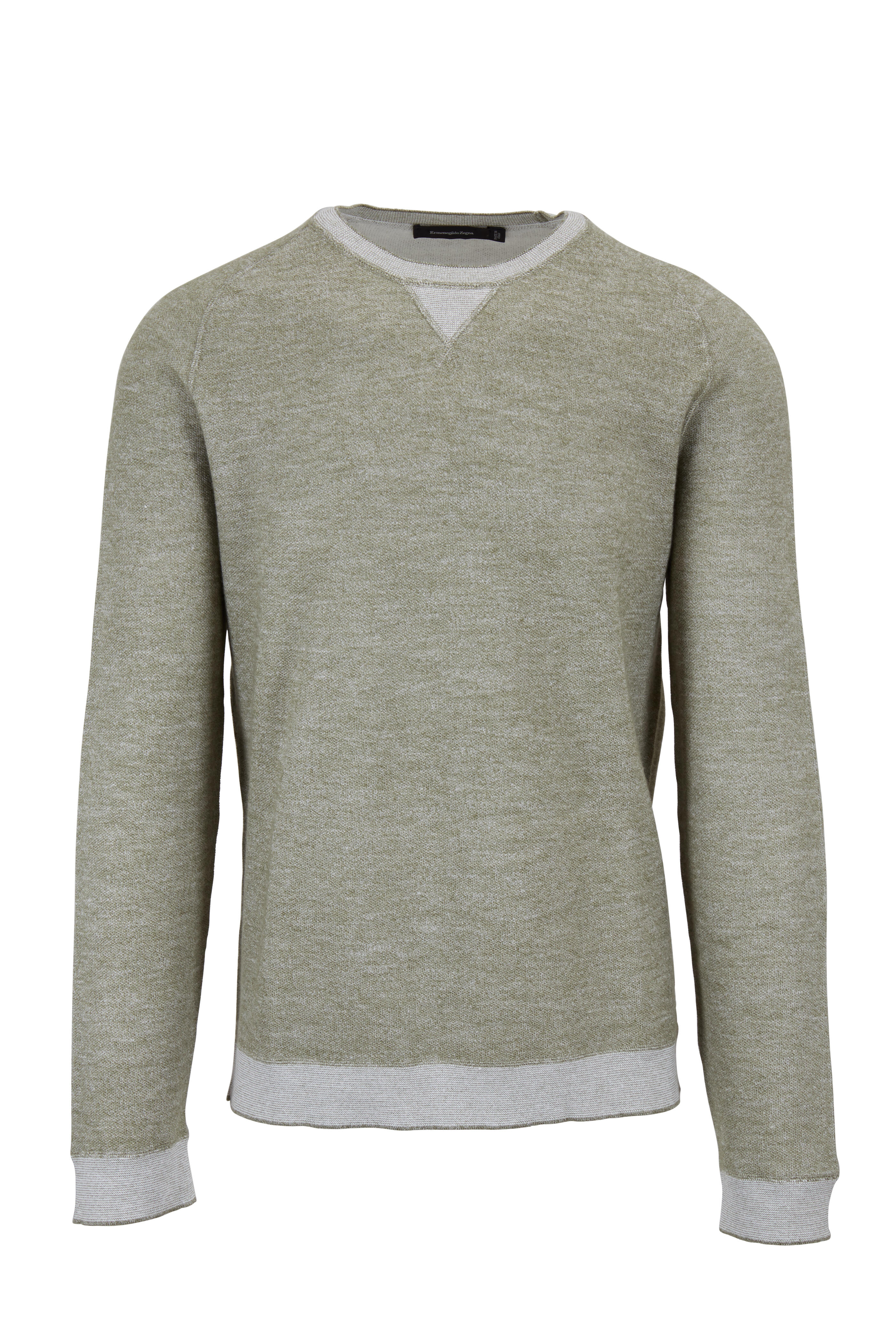 Zegna - Olive Cashmere Blend Crewneck Sweater | Mitchell Stores