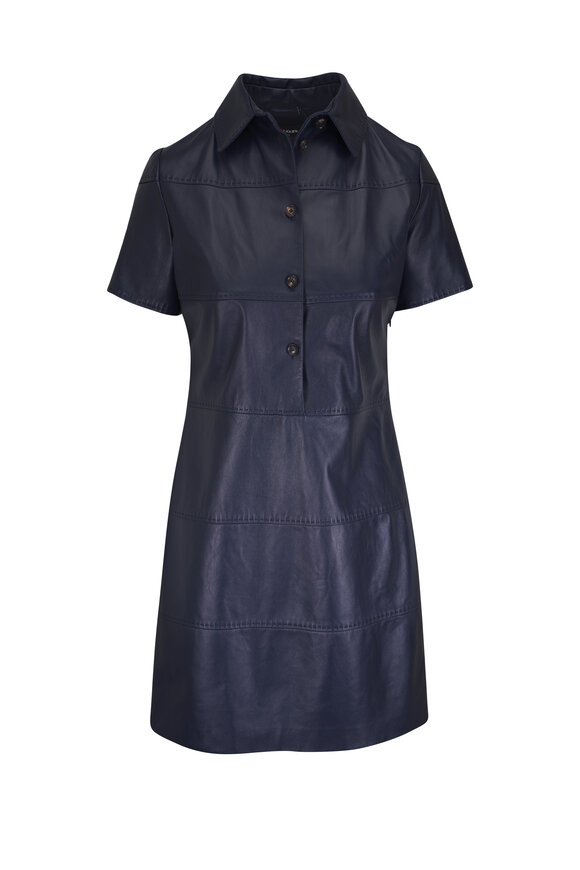 Kiton Blue Leather Short Sleeve Mock Neck Dress